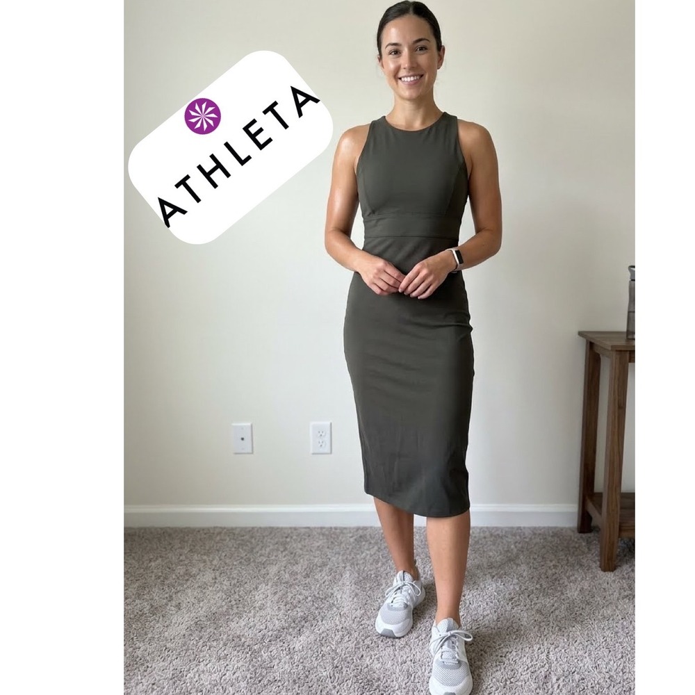 Athleta Santorini Midi Dress Dark Olive Green Cross Back Cutout Sleeveless Small